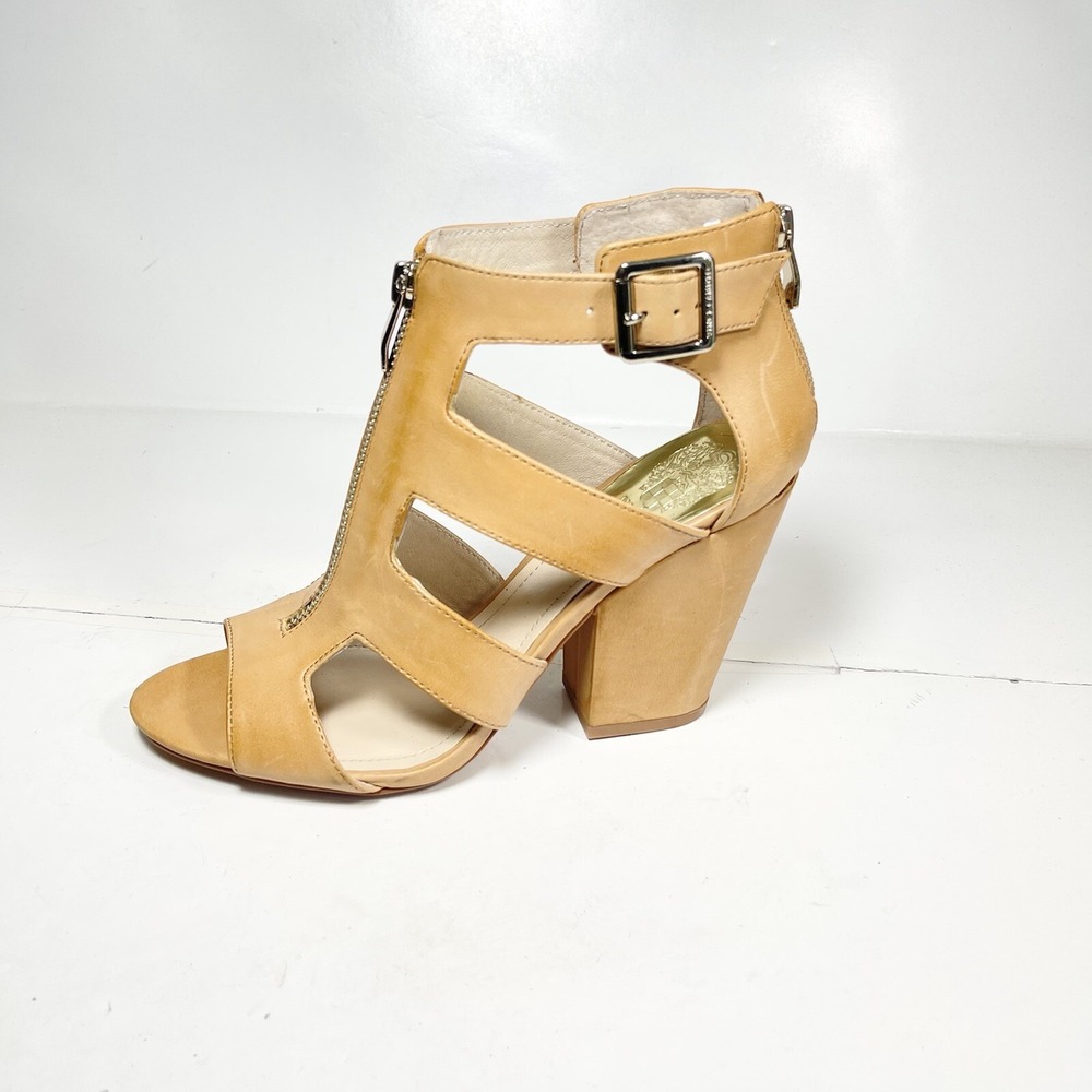 Vince Camuto Sandals Marleau Womens Size 7.5M Tan leather heeled Zip Up New